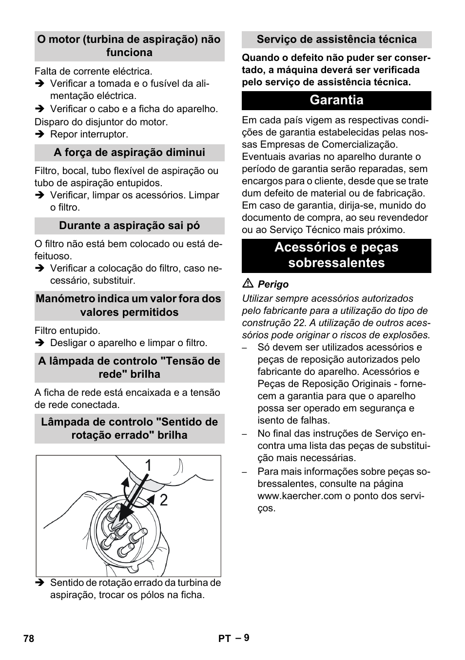 O motor (turbina de aspiração) não funciona, A força de aspiração diminui, Durante a aspiração sai pó | A lâmpada de controlo "tensão de rede" brilha, Serviço de assistência técnica, Garantia, Acessórios e peças sobressalentes, Garantia acessórios e peças sobressalentes | Karcher IV 100-55 H B1 User Manual | Page 78 / 308