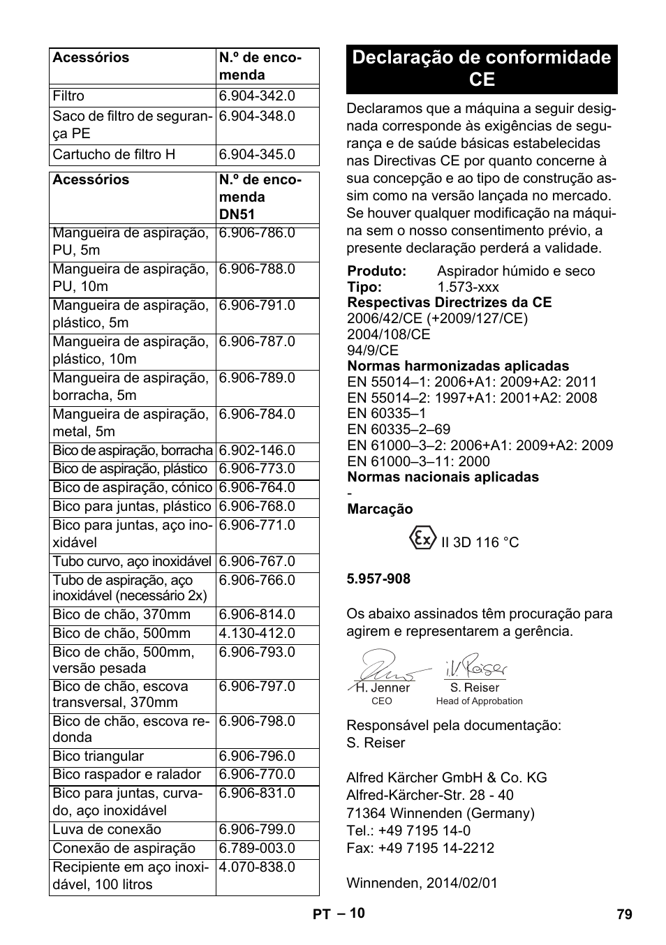 Declaração de conformidade ce | Karcher IV 100-55 H B1 User Manual | Page 79 / 308