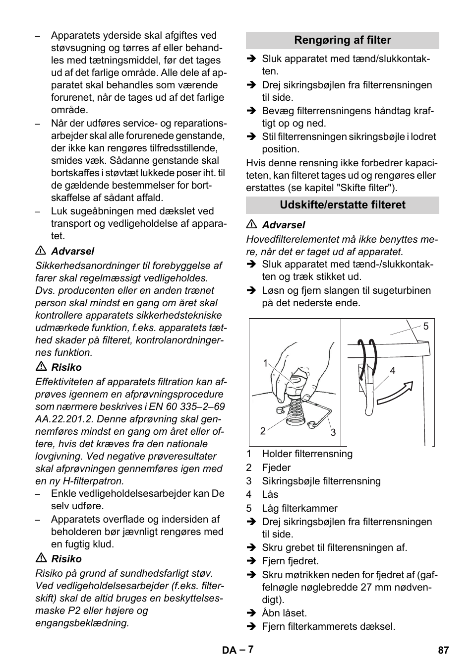 Rengøring af filter, Udskifte/erstatte filteret | Karcher IV 100-55 H B1 User Manual | Page 87 / 308