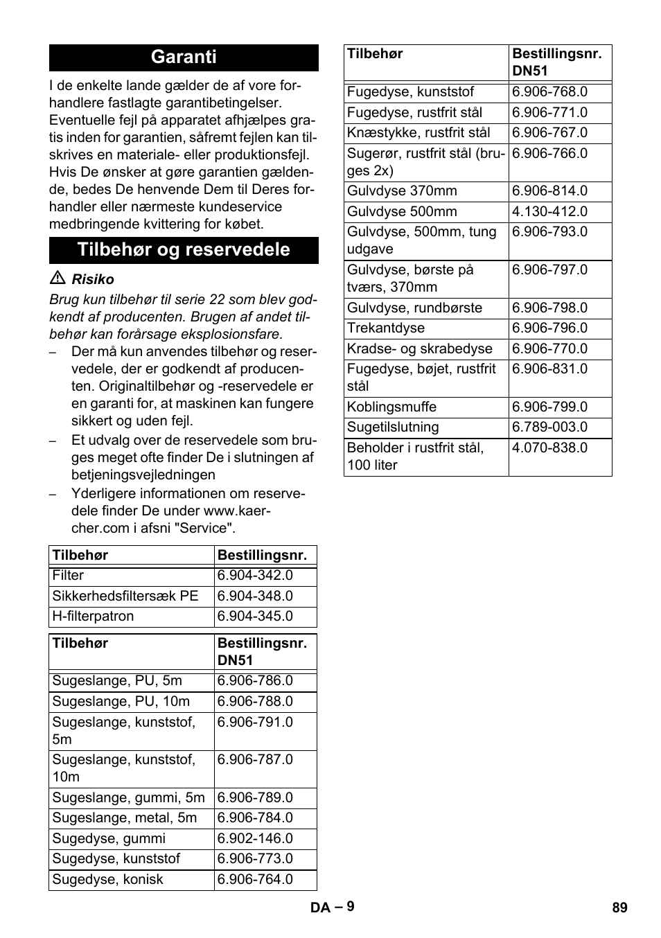 Garanti, Tilbehør og reservedele, Garanti tilbehør og reservedele | Karcher IV 100-55 H B1 User Manual | Page 89 / 308
