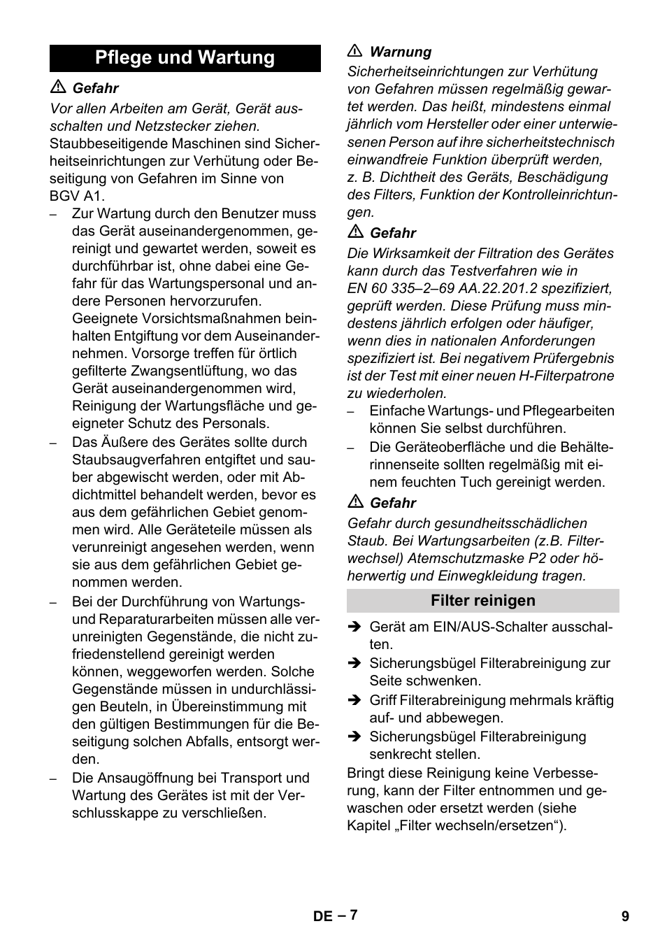 Pflege und wartung, Filter reinigen | Karcher IV 100-55 H B1 User Manual | Page 9 / 308
