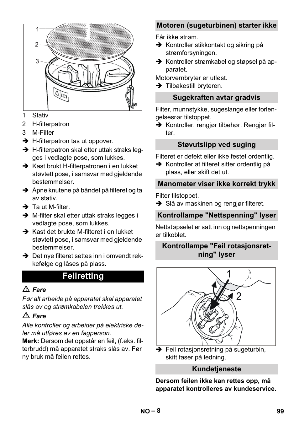 Feilretting, Motoren (sugeturbinen) starter ikke, Sugekraften avtar gradvis | Støvutslipp ved suging, Manometer viser ikke korrekt trykk, Kontrollampe "nettspenning" lyser, Kontrollampe "feil rotasjonsretning" lyser, Kundetjeneste | Karcher IV 100-55 H B1 User Manual | Page 99 / 308