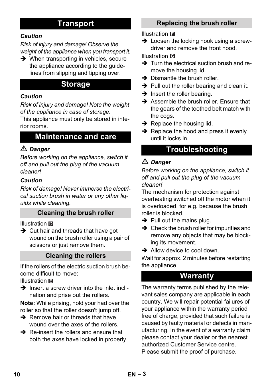 Transport storage maintenance and care, Troubleshooting warranty | Karcher T 12-1 User Manual | Page 10 / 120