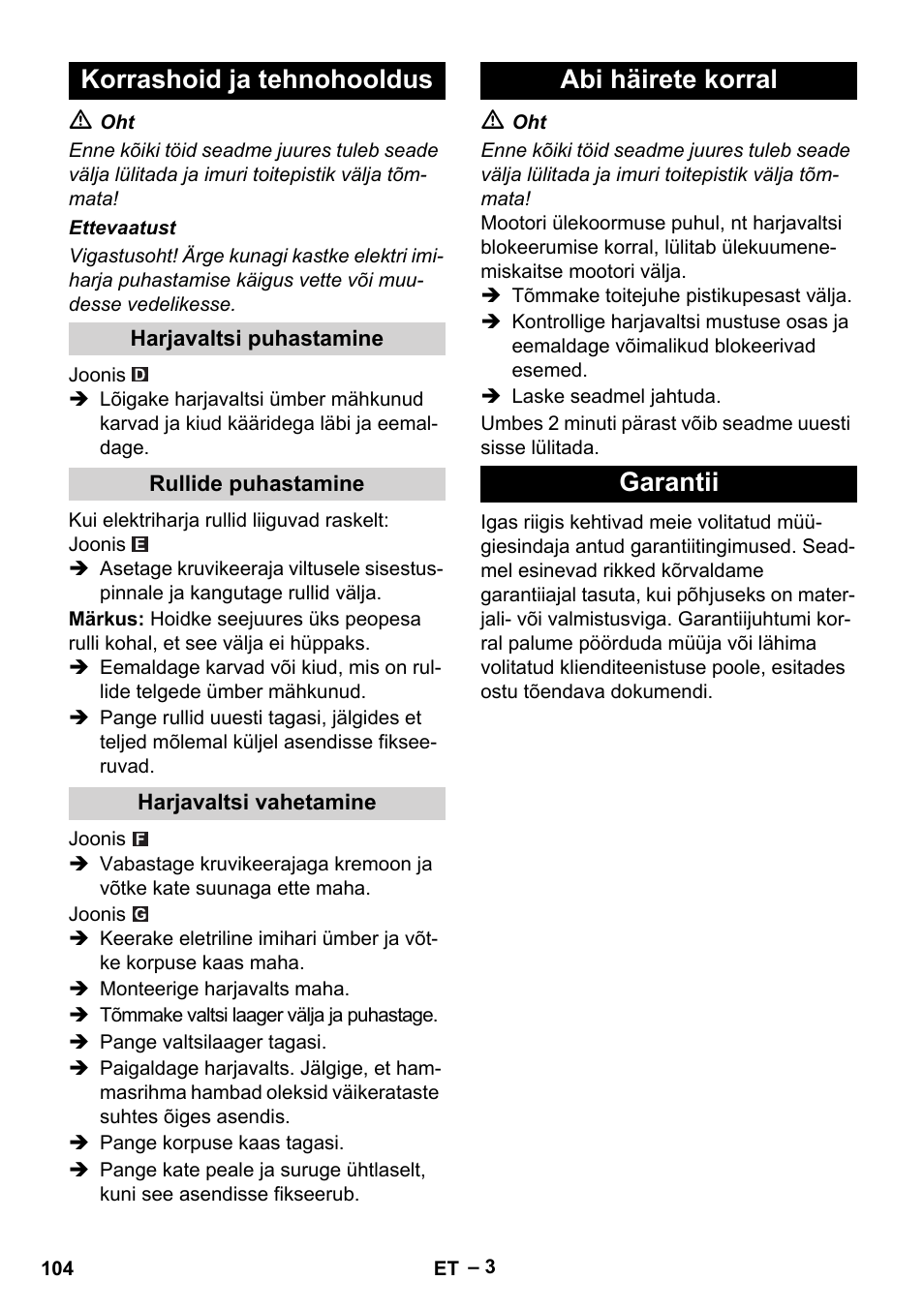 Korrashoid ja tehnohooldus, Abi häirete korral garantii | Karcher T 12-1 User Manual | Page 104 / 120