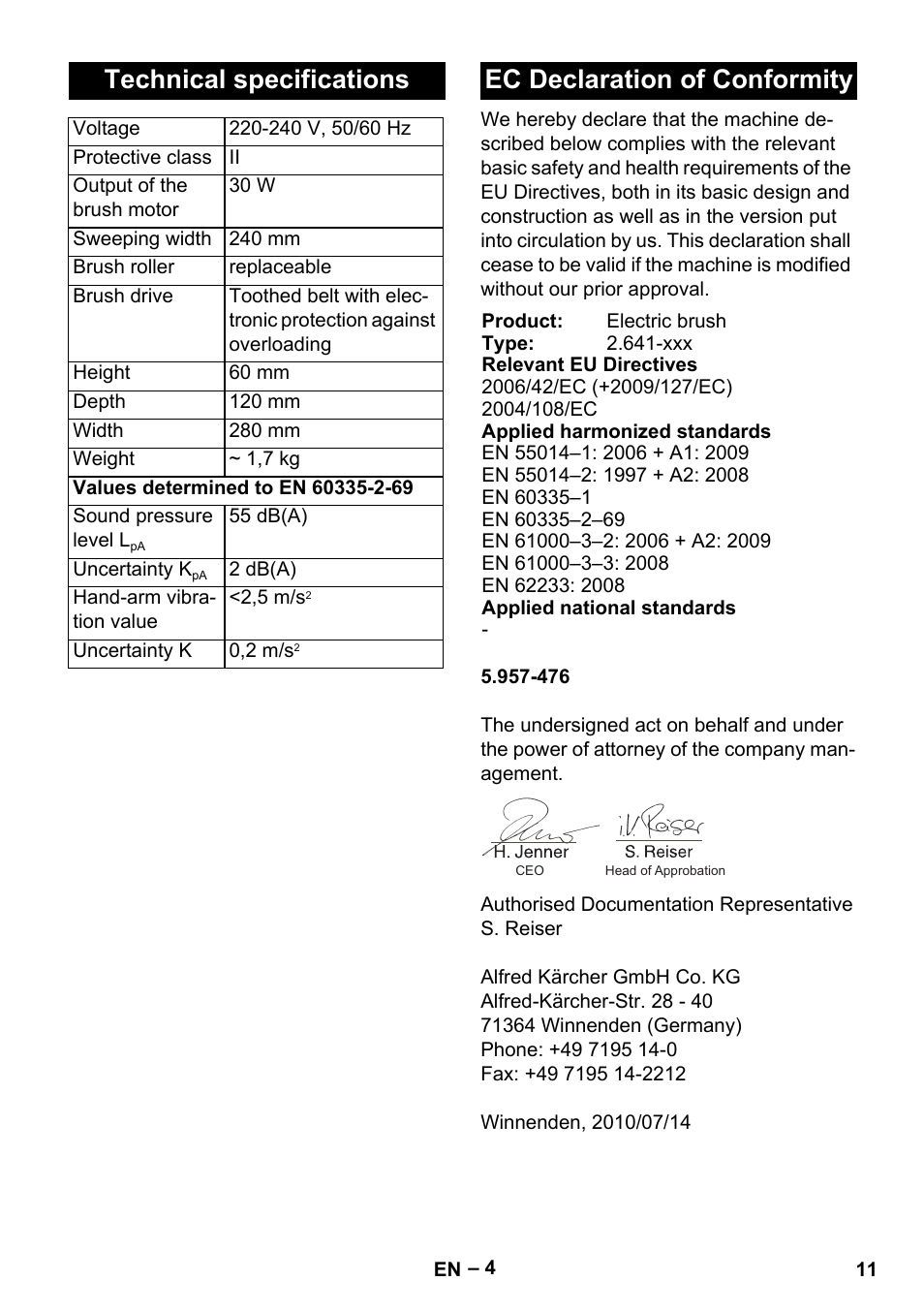 Technical specifications, Ec declaration of conformity | Karcher T 12-1 User Manual | Page 11 / 120