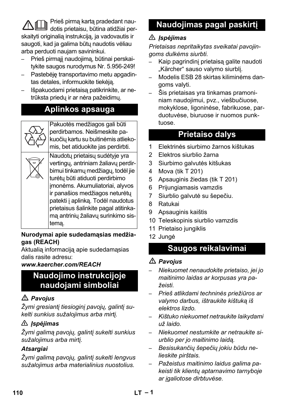 Lietuviškai, Aplinkos apsauga | Karcher T 12-1 User Manual | Page 110 / 120