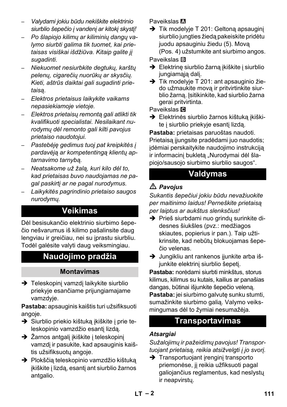 Veikimas naudojimo pradžia, Valdymas transportavimas | Karcher T 12-1 User Manual | Page 111 / 120