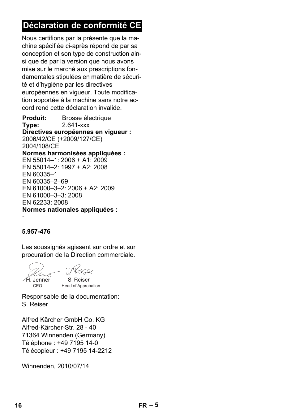 Déclaration de conformité ce | Karcher T 12-1 User Manual | Page 16 / 120
