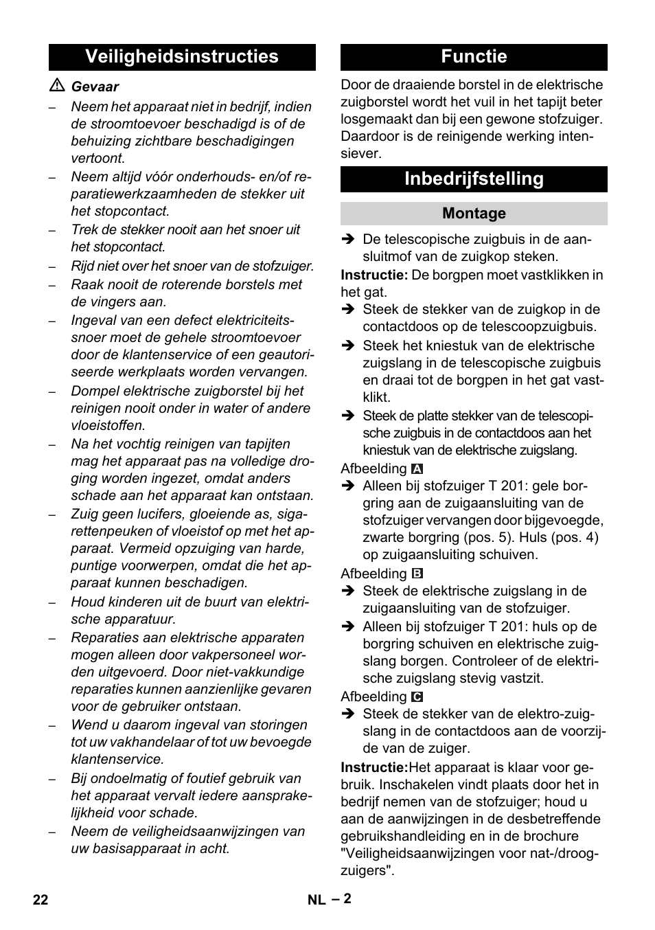 Veiligheidsinstructies functie inbedrijfstelling | Karcher T 12-1 User Manual | Page 22 / 120