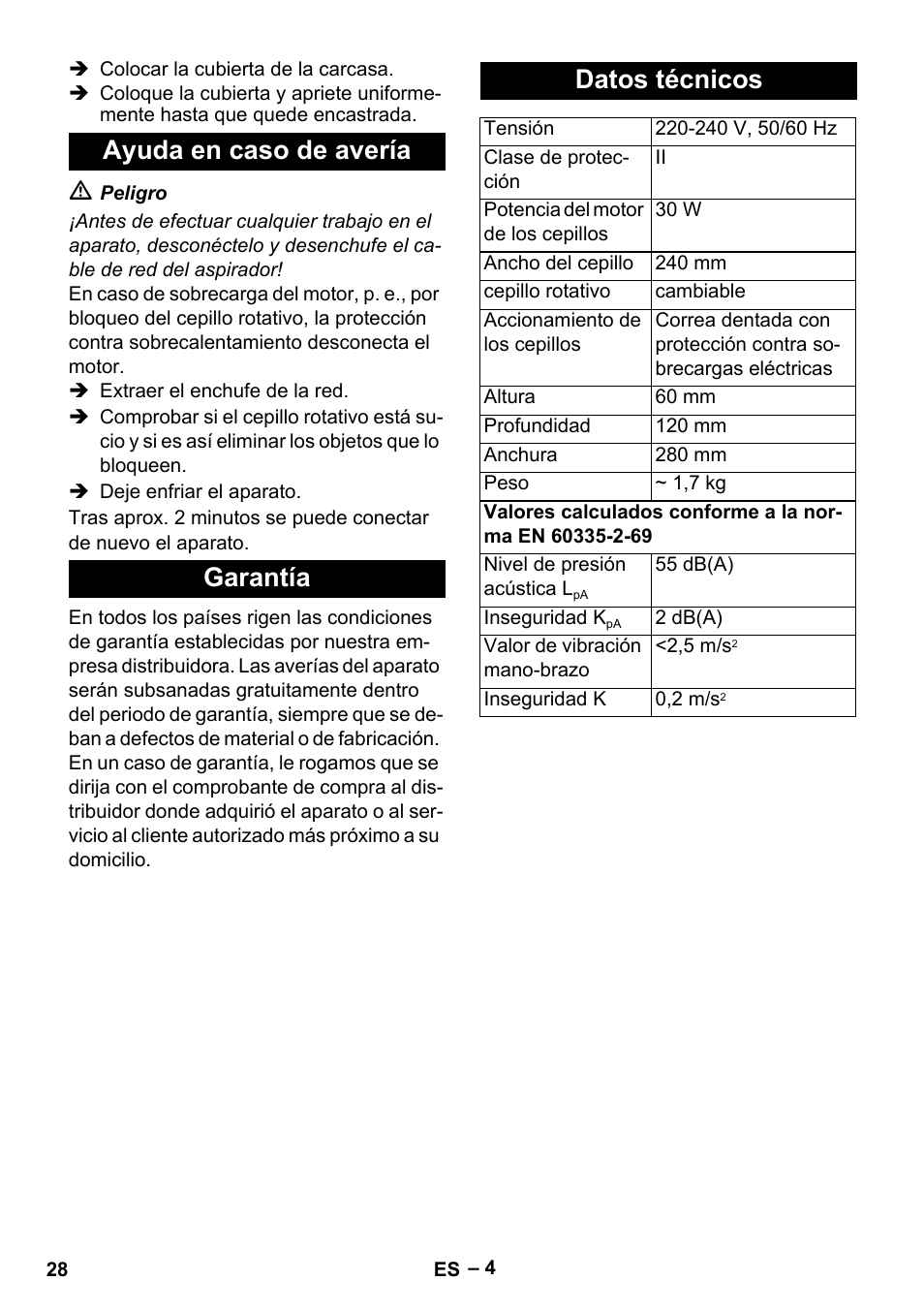 Ayuda en caso de avería garantía datos técnicos | Karcher T 12-1 User Manual | Page 28 / 120