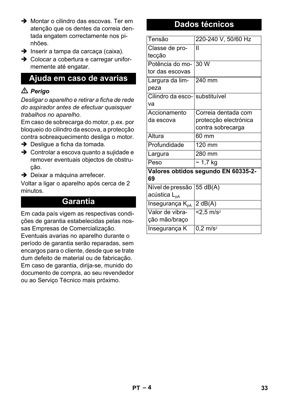 Ajuda em caso de avarias garantia dados técnicos | Karcher T 12-1 User Manual | Page 33 / 120
