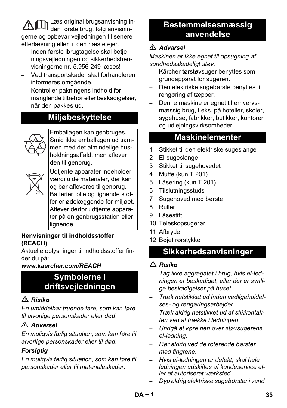 Dansk, Miljøbeskyttelse | Karcher T 12-1 User Manual | Page 35 / 120
