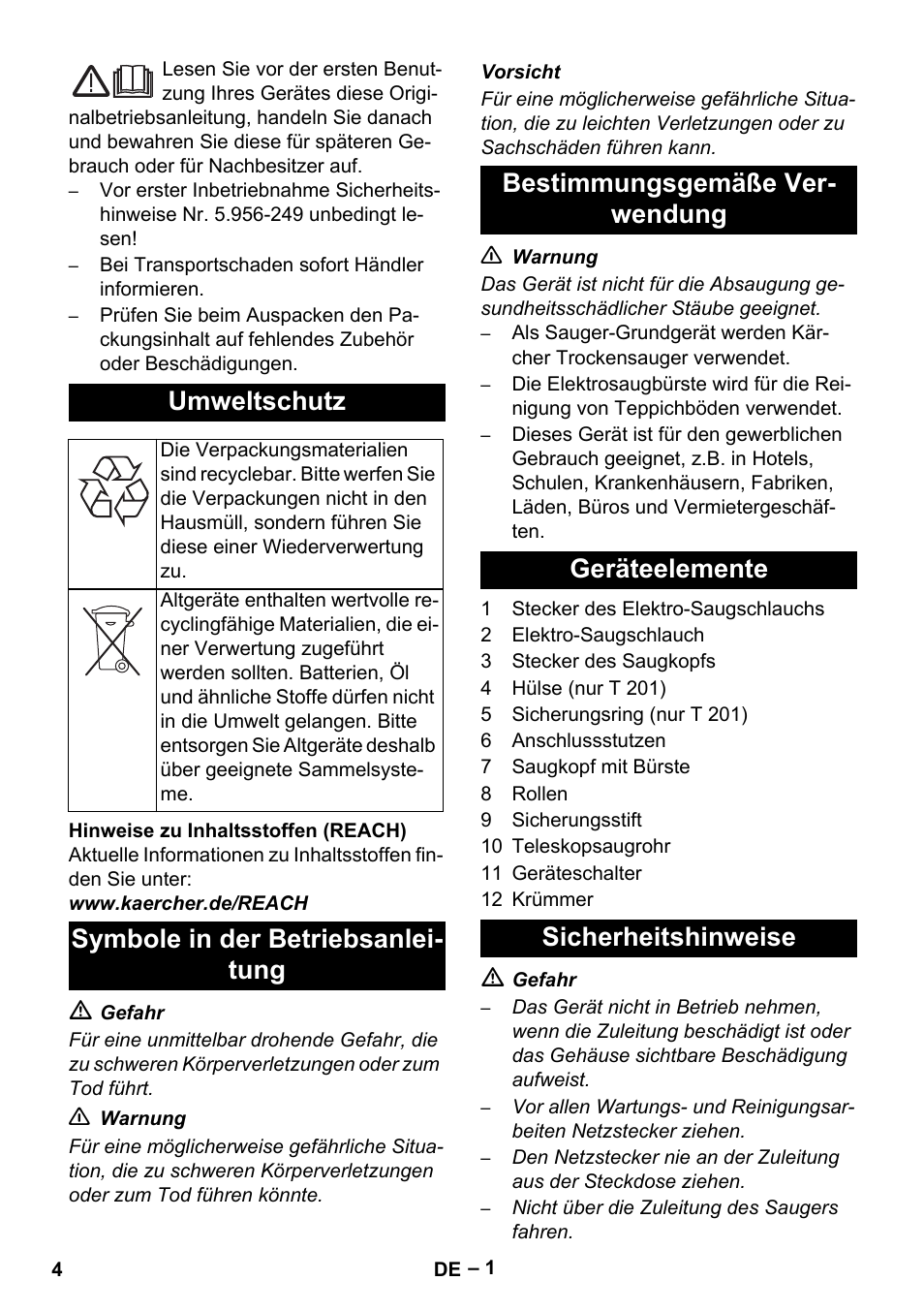 Deutsch, Umweltschutz | Karcher T 12-1 User Manual | Page 4 / 120