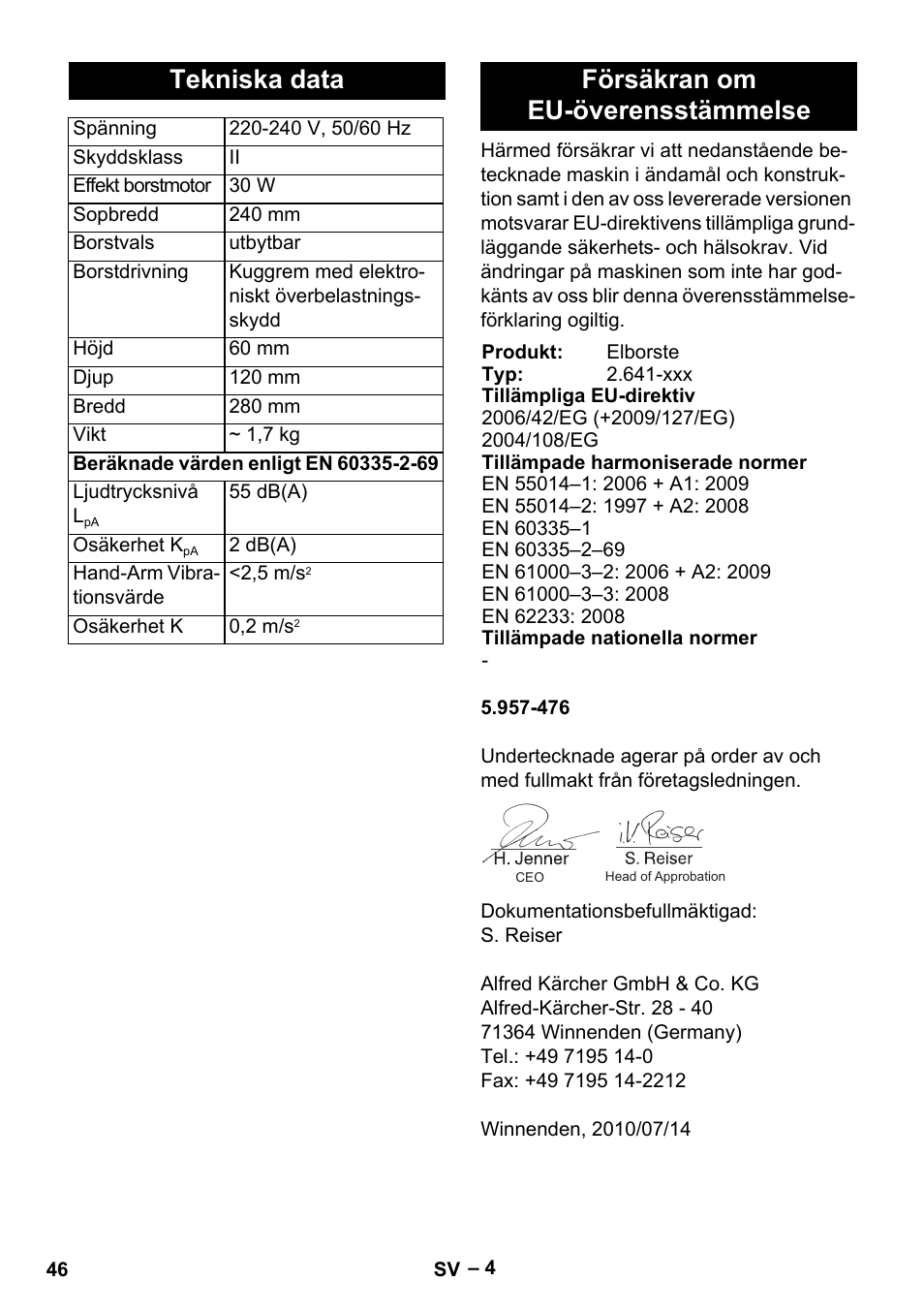 Tekniska data, Försäkran om eu-överensstämmelse | Karcher T 12-1 User Manual | Page 46 / 120
