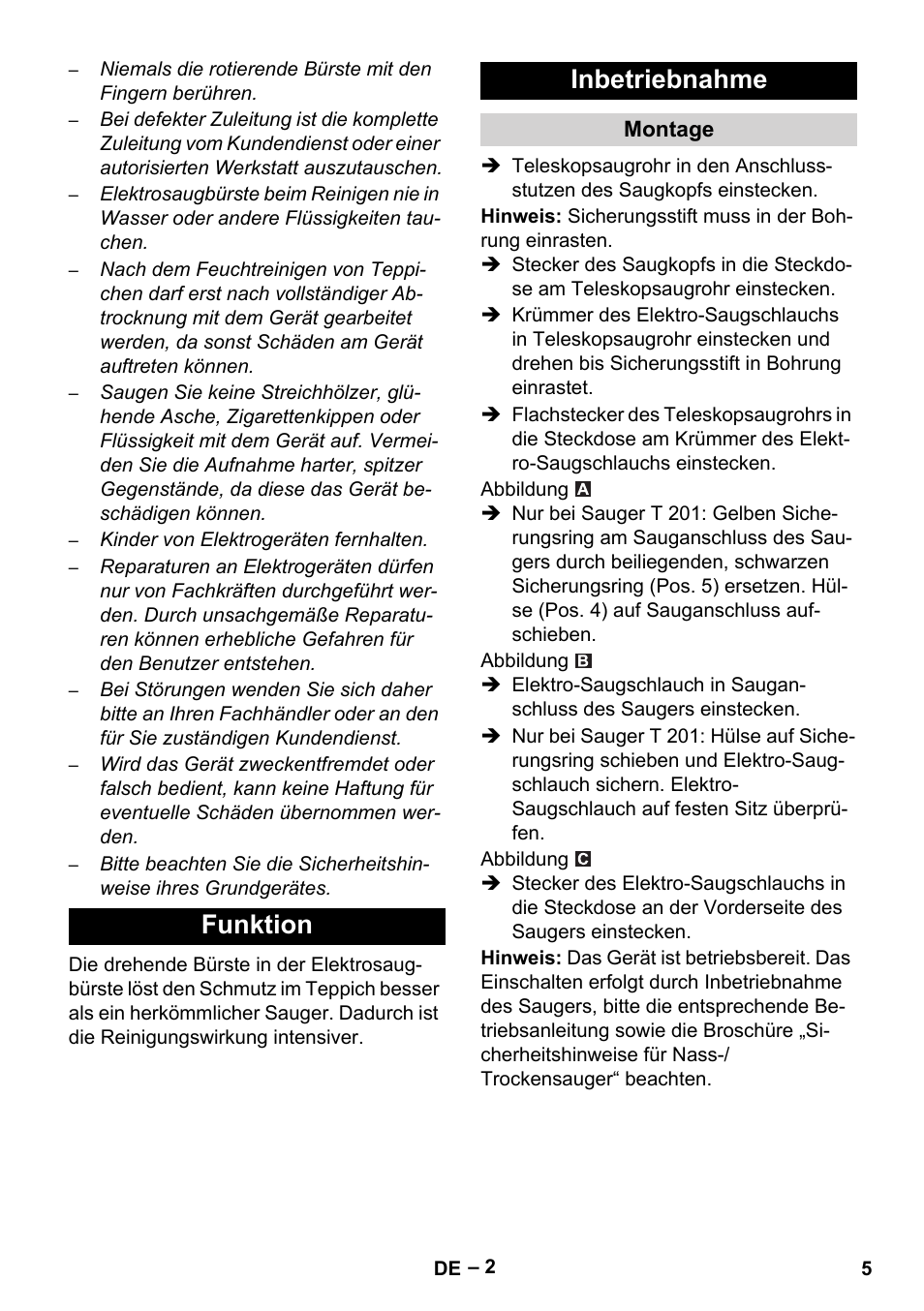 Funktion inbetriebnahme | Karcher T 12-1 User Manual | Page 5 / 120