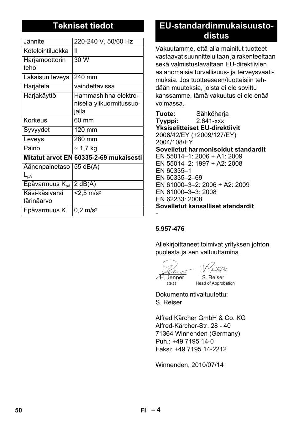 Tekniset tiedot, Eu-standardinmukaisuusto- distus | Karcher T 12-1 User Manual | Page 50 / 120