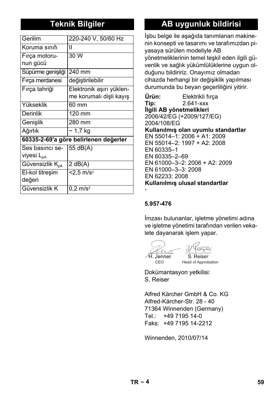 Teknik bilgiler, Ab uygunluk bildirisi | Karcher T 12-1 User Manual | Page 59 / 120