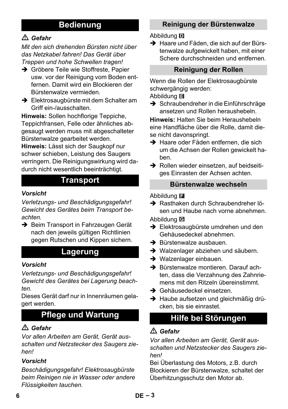 Bedienung transport lagerung pflege und wartung, Hilfe bei störungen | Karcher T 12-1 User Manual | Page 6 / 120