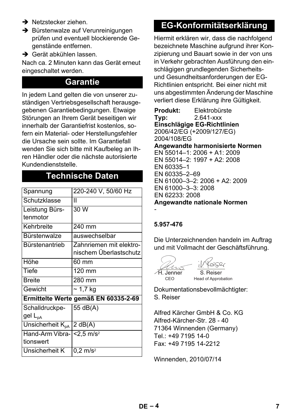 Garantie technische daten, Eg-konformitätserklärung | Karcher T 12-1 User Manual | Page 7 / 120