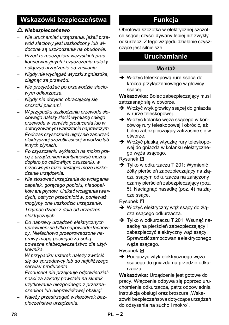 Wskazówki bezpieczeństwa funkcja uruchamianie | Karcher T 12-1 User Manual | Page 78 / 120