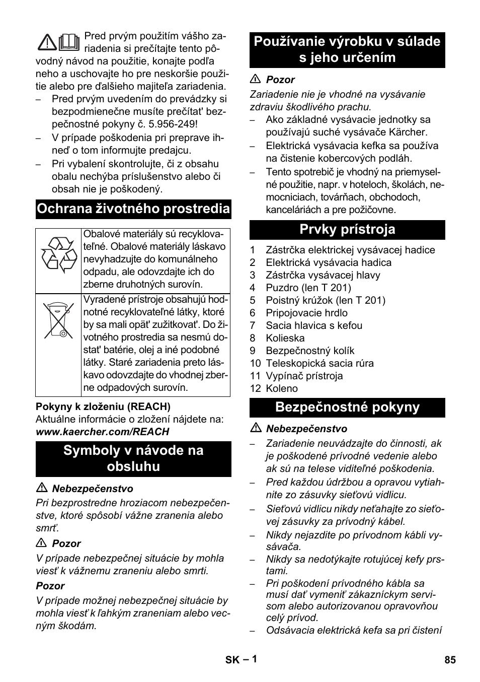 Slovenčina, Slovenina, Ochrana životného prostredia | Karcher T 12-1 User Manual | Page 85 / 120