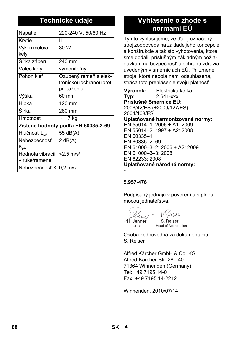 Technické údaje, Vyhlásenie o zhode s normami eú | Karcher T 12-1 User Manual | Page 88 / 120