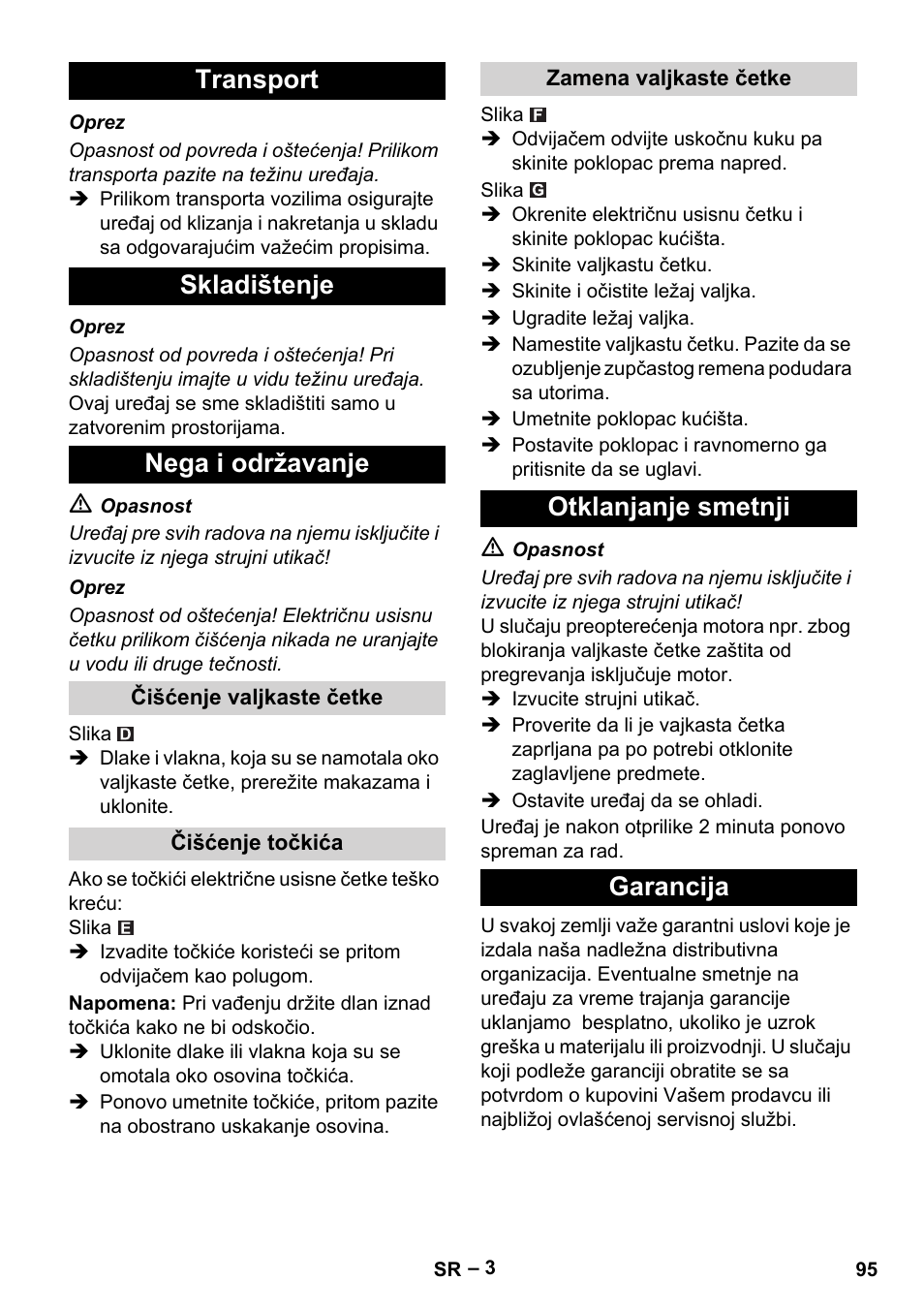Transport skladištenje nega i održavanje, Otklanjanje smetnji garancija | Karcher T 12-1 User Manual | Page 95 / 120