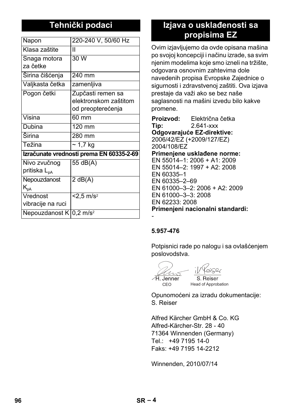Tehnički podaci, Izjava o usklađenosti sa propisima ez | Karcher T 12-1 User Manual | Page 96 / 120