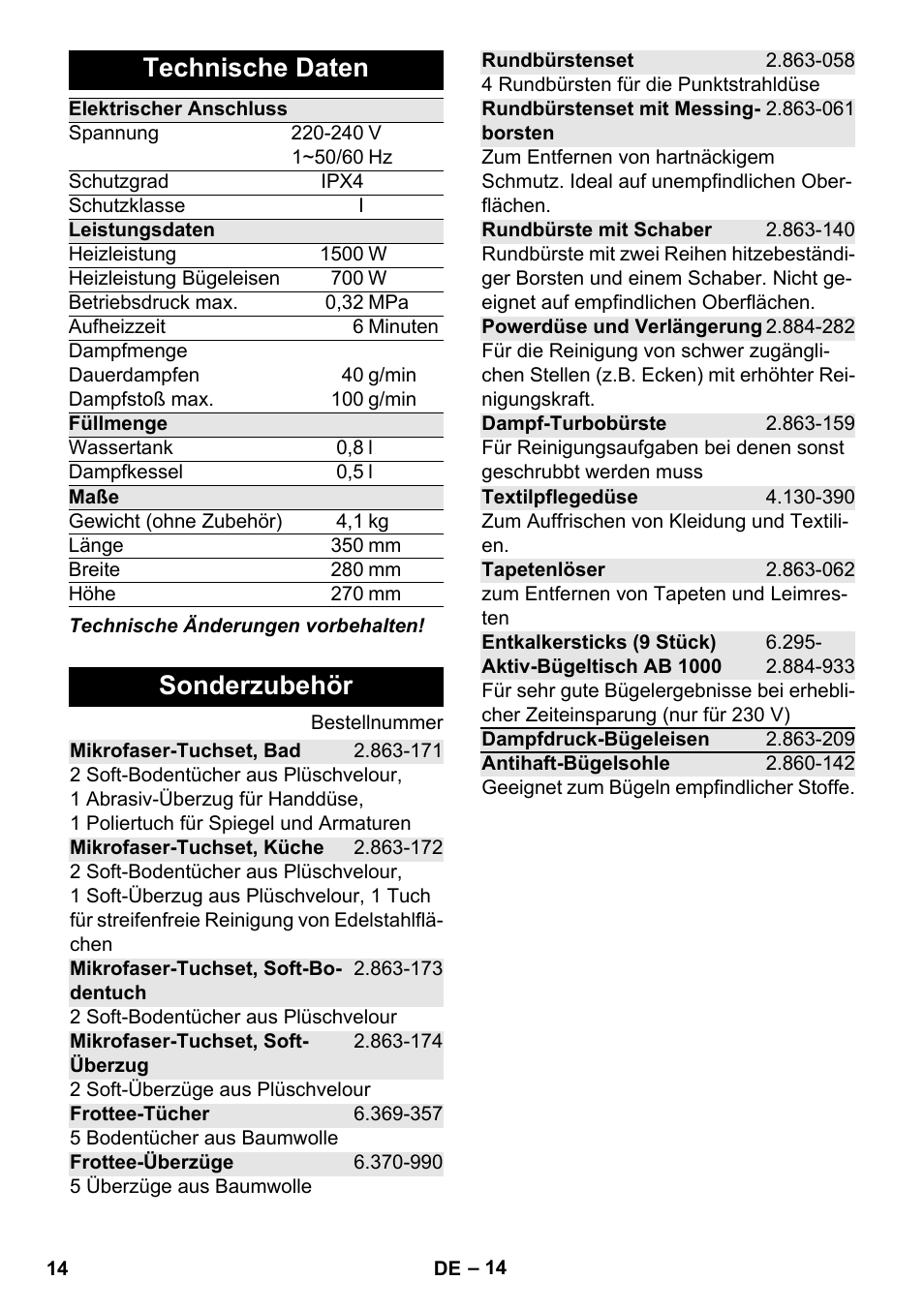 Technische daten, Sonderzubehör | Karcher Stirerie SI 2-600 CB User Manual | Page 14 / 286