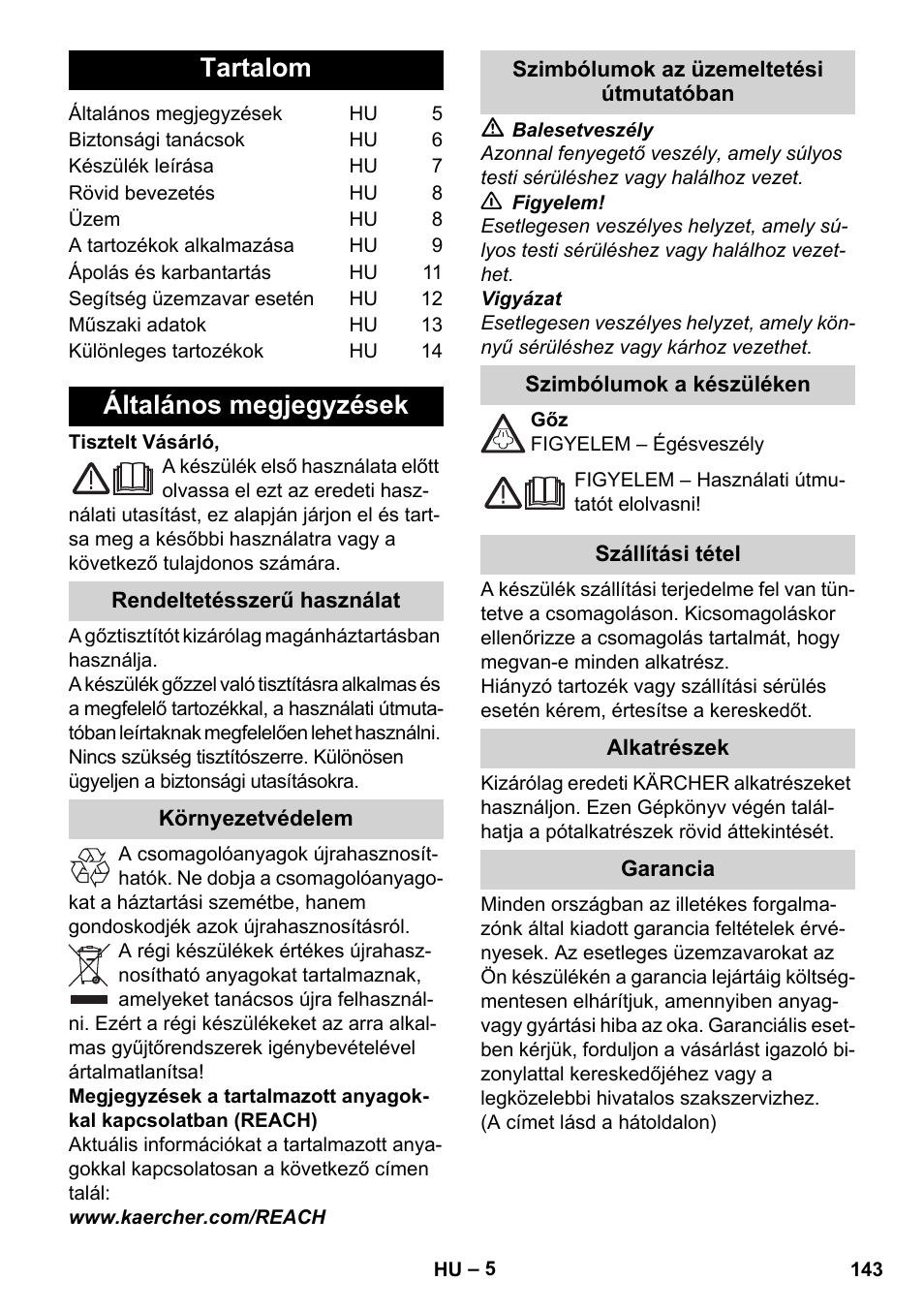 Magyar, Tartalom, Általános megjegyzések | Karcher Stirerie SI 2-600 CB User Manual | Page 143 / 286