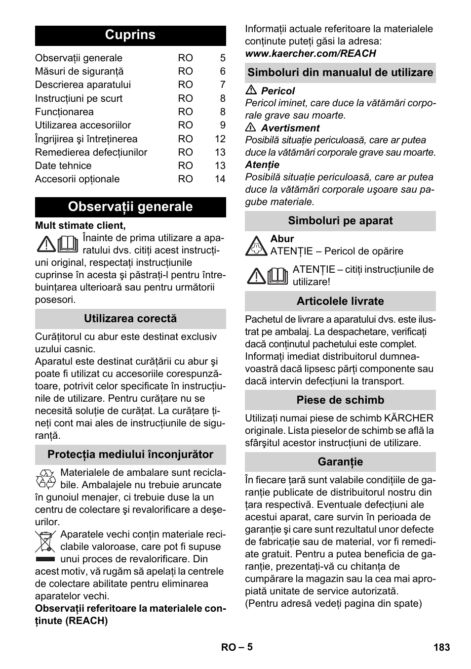 Româneşte, Românete, Cuprins | Observaţii generale | Karcher Stirerie SI 2-600 CB User Manual | Page 183 / 286