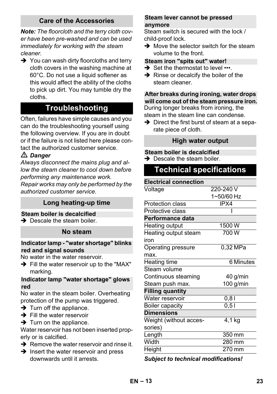 Troubleshooting, Technical specifications | Karcher Stirerie SI 2-600 CB User Manual | Page 23 / 286