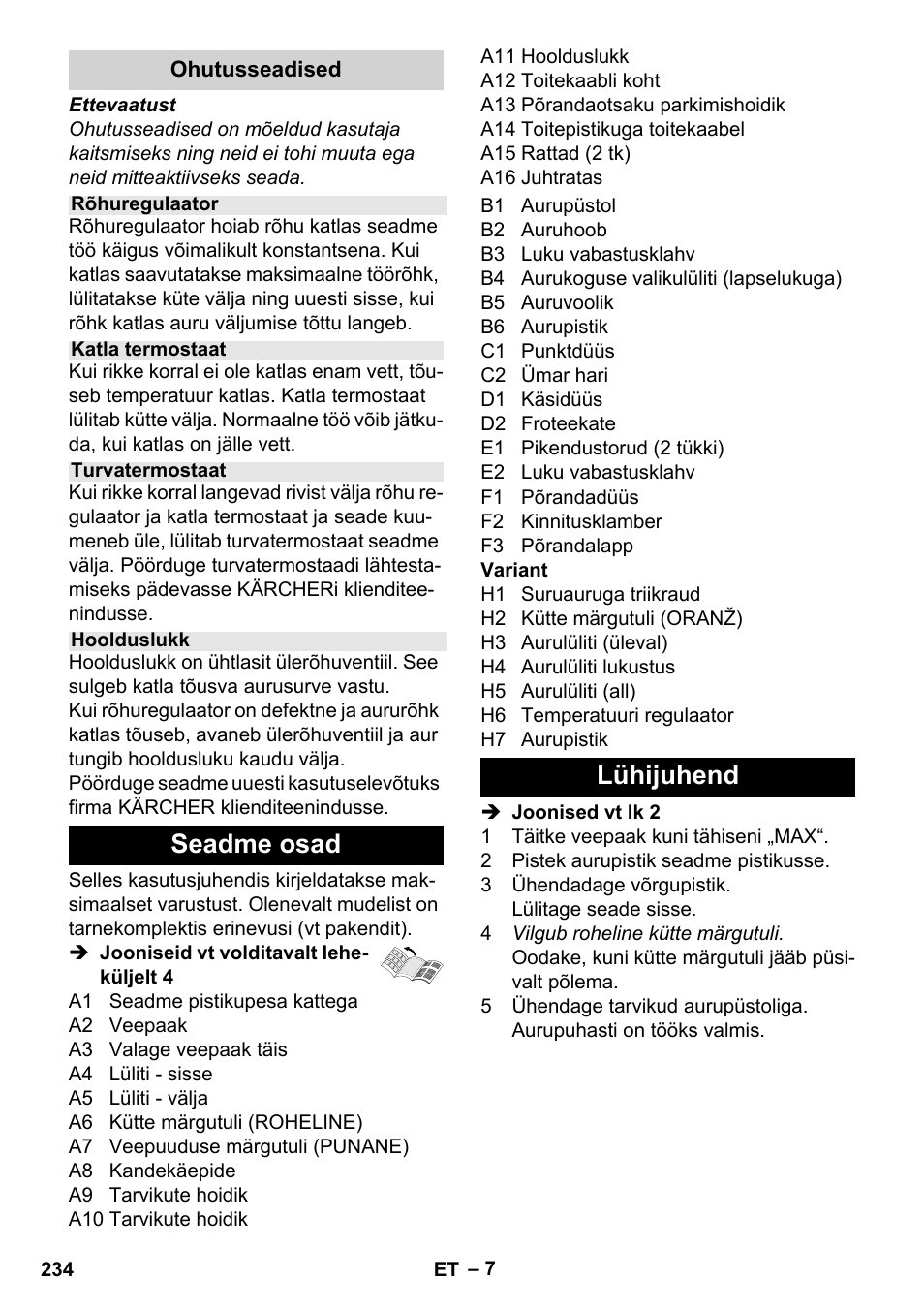 Seadme osad, Lühijuhend | Karcher Stirerie SI 2-600 CB User Manual | Page 234 / 286