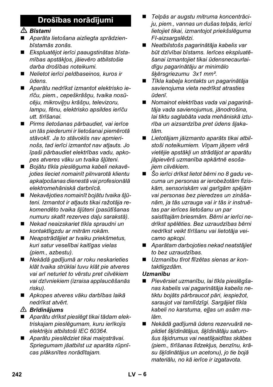 Drošības norādījumi | Karcher Stirerie SI 2-600 CB User Manual | Page 242 / 286