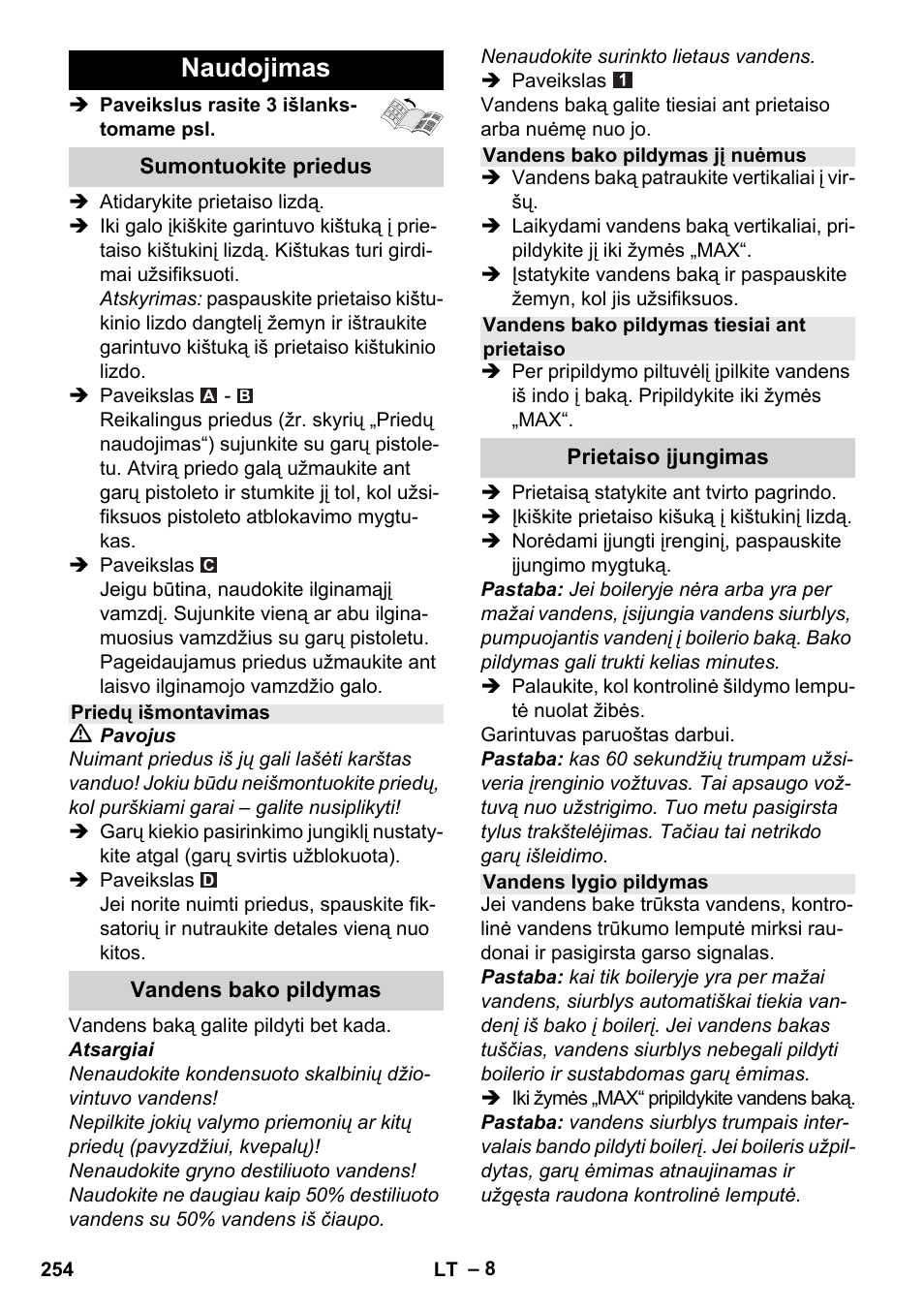 Naudojimas | Karcher Stirerie SI 2-600 CB User Manual | Page 254 / 286