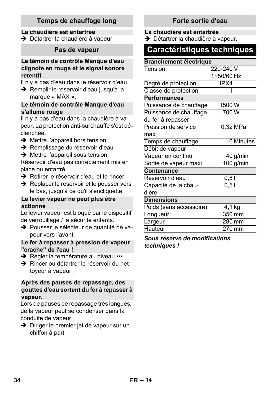 Caractéristiques techniques | Karcher Stirerie SI 2-600 CB User Manual | Page 34 / 286