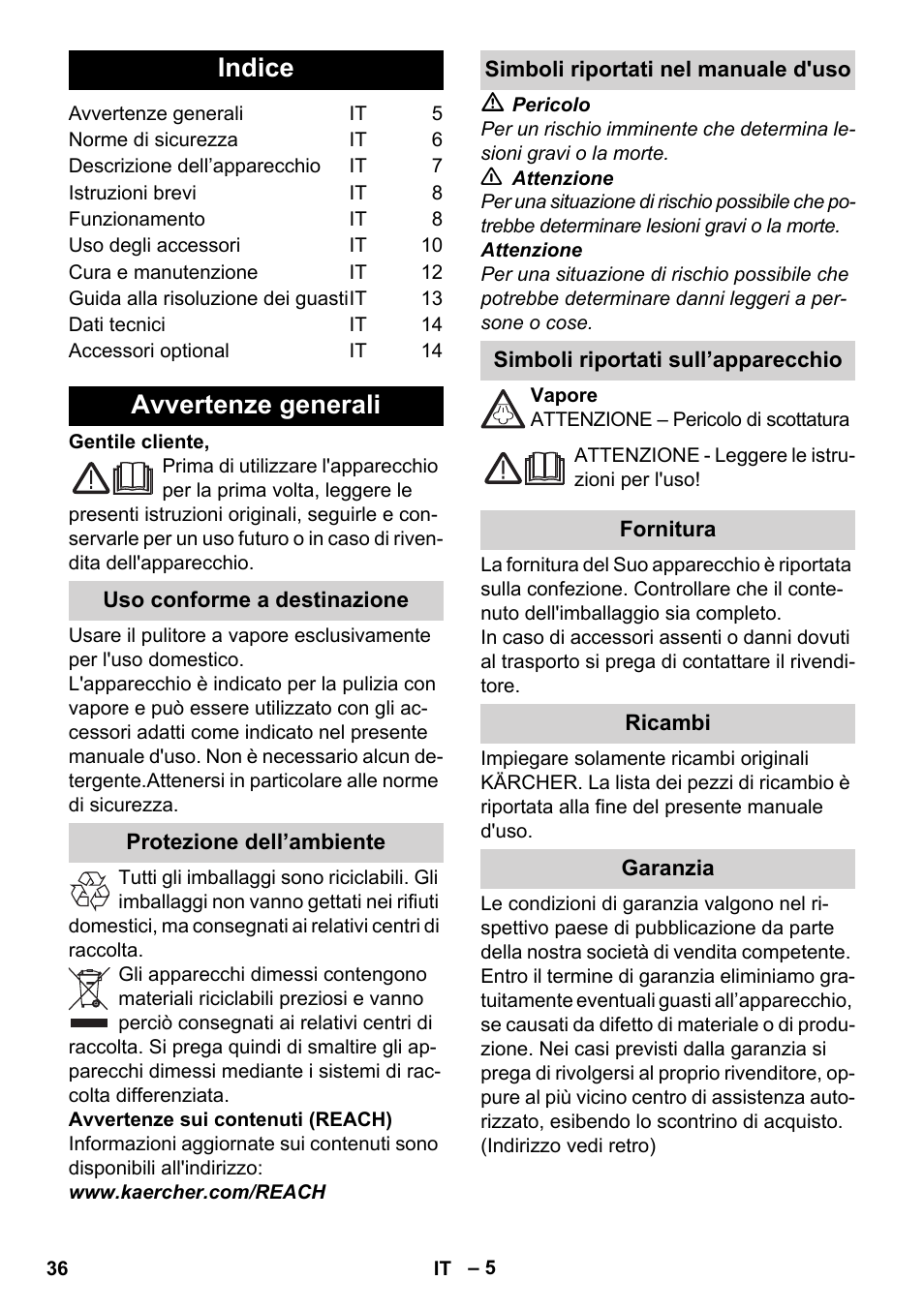 Italiano, Indice, Avvertenze generali | Karcher Stirerie SI 2-600 CB User Manual | Page 36 / 286