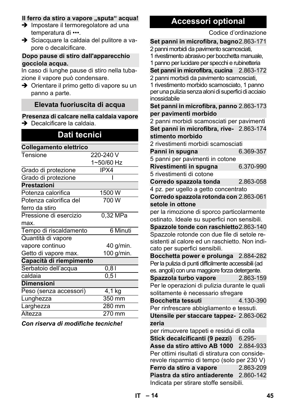 Dati tecnici, Accessori optional | Karcher Stirerie SI 2-600 CB User Manual | Page 45 / 286