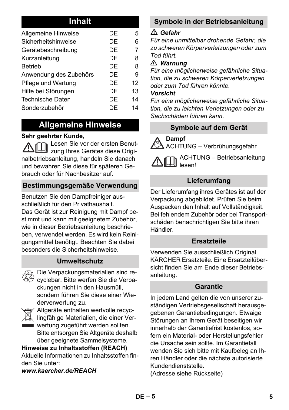 Deutsch, Inhalt, Allgemeine hinweise | Karcher Stirerie SI 2-600 CB User Manual | Page 5 / 286