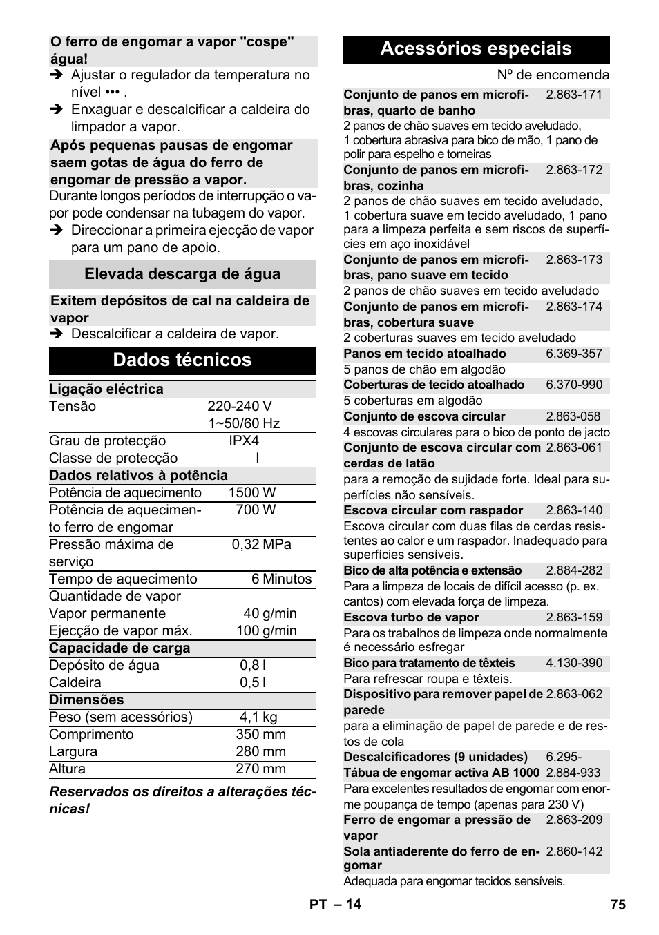 Dados técnicos, Acessórios especiais | Karcher Stirerie SI 2-600 CB User Manual | Page 75 / 286