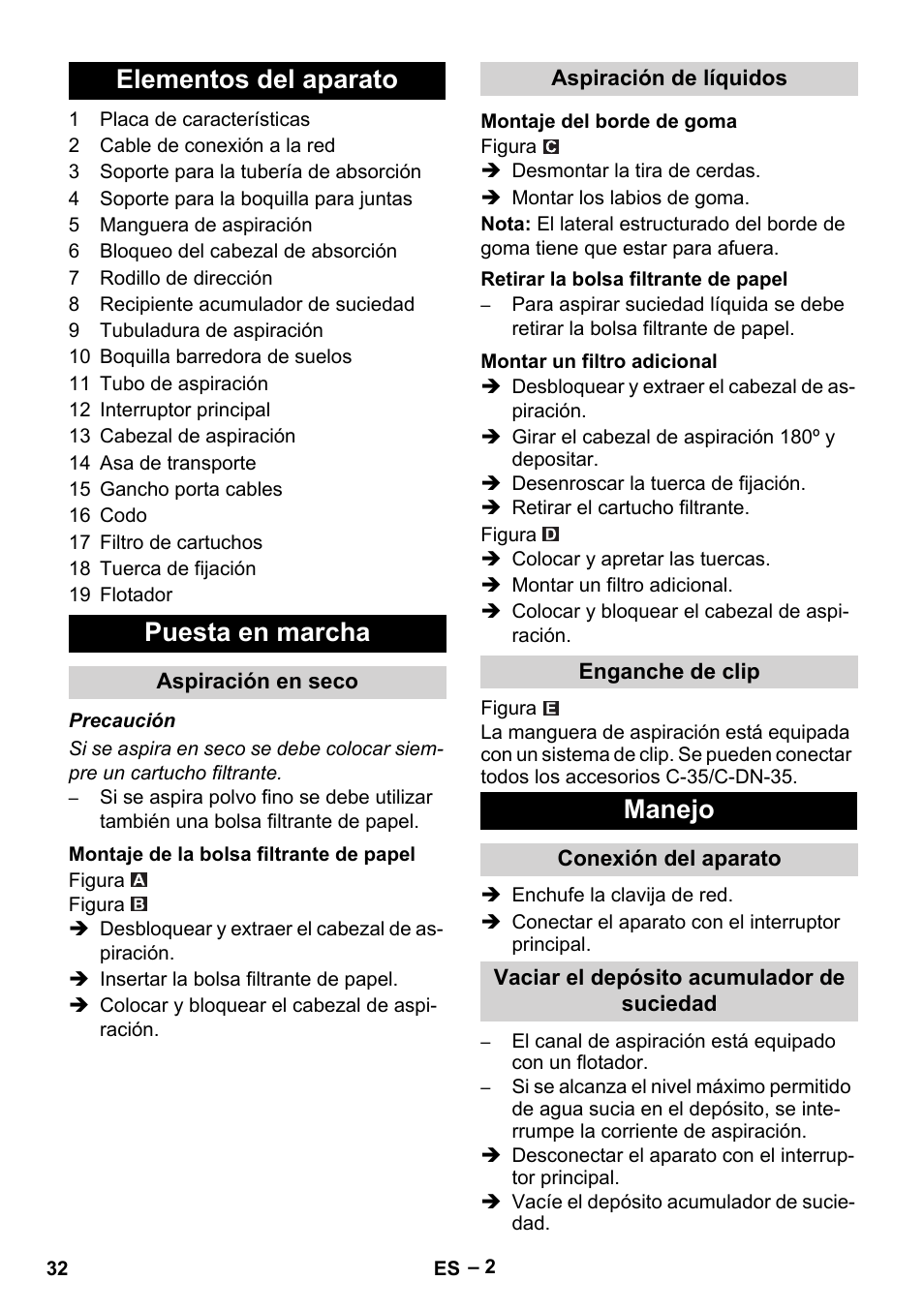 Elementos del aparato, Puesta en marcha, Aspiración en seco | Montaje de la bolsa filtrante de papel, Aspiración de líquidos, Montaje del borde de goma, Retirar la bolsa filtrante de papel, Montar un filtro adicional, Enganche de clip, Manejo | Karcher NT 27-1 Me Adv User Manual | Page 32 / 148