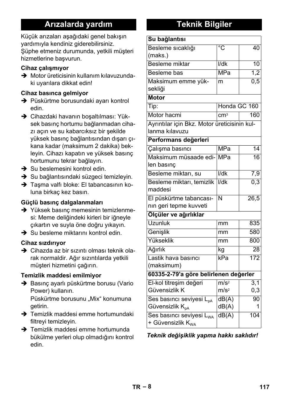 Arızalarda yardım, Teknik bilgiler | Karcher G 7-10 M User Manual | Page 117 / 248