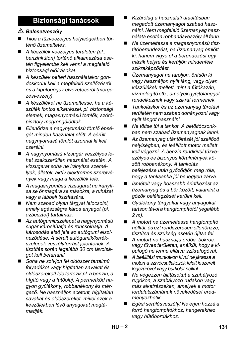 Biztonsági tanácsok | Karcher G 7-10 M User Manual | Page 131 / 248