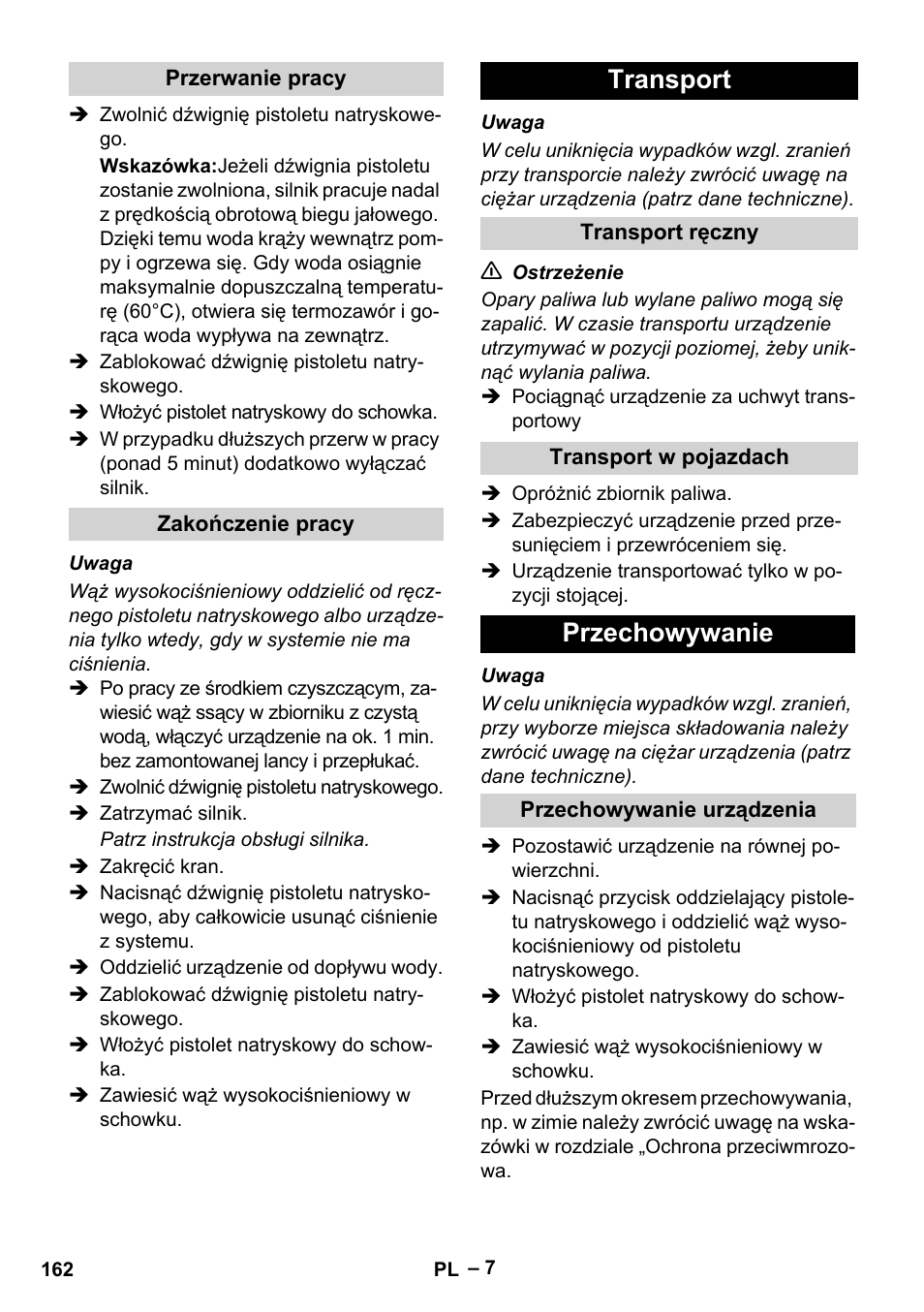Transport, Przechowywanie | Karcher G 7-10 M User Manual | Page 162 / 248