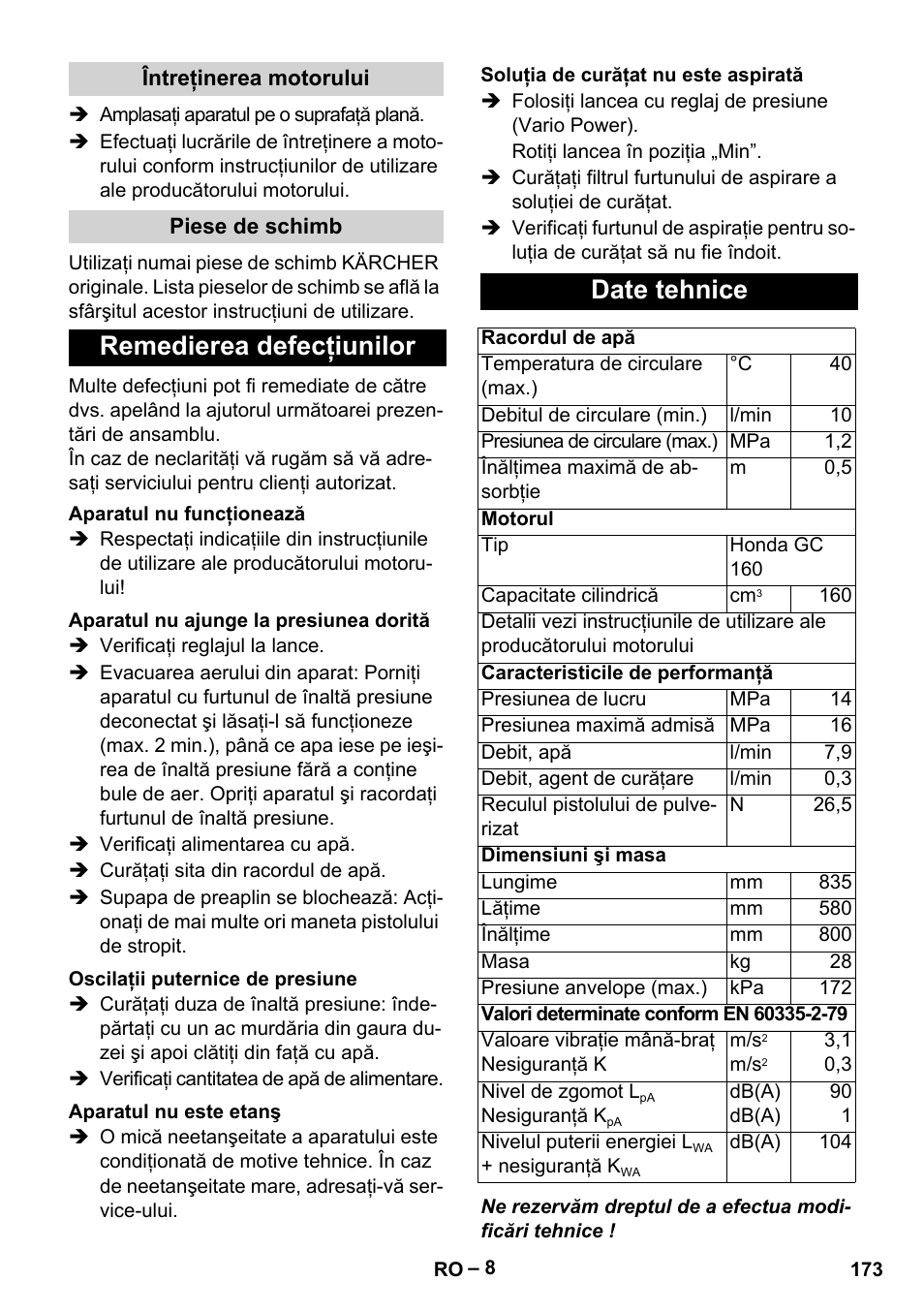 Remedierea defecţiunilor, Date tehnice | Karcher G 7-10 M User Manual | Page 173 / 248