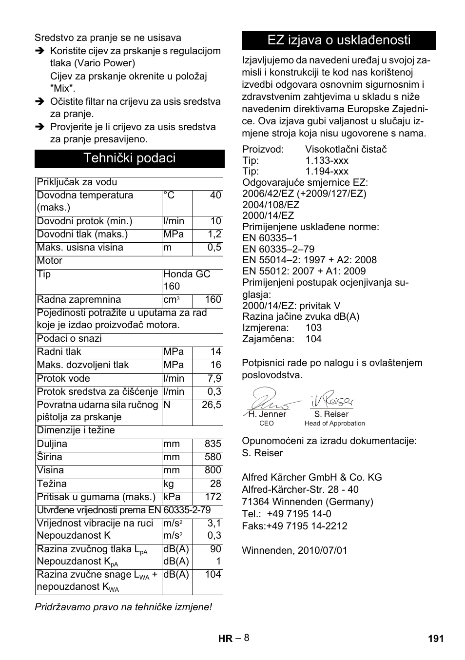 Tehnički podaci, Ez izjava o usklađenosti | Karcher G 7-10 M User Manual | Page 191 / 248