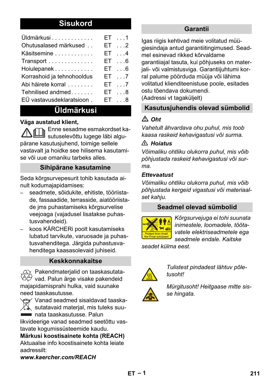Eesti, Sisukord, Üldmärkusi | Karcher G 7-10 M User Manual | Page 211 / 248