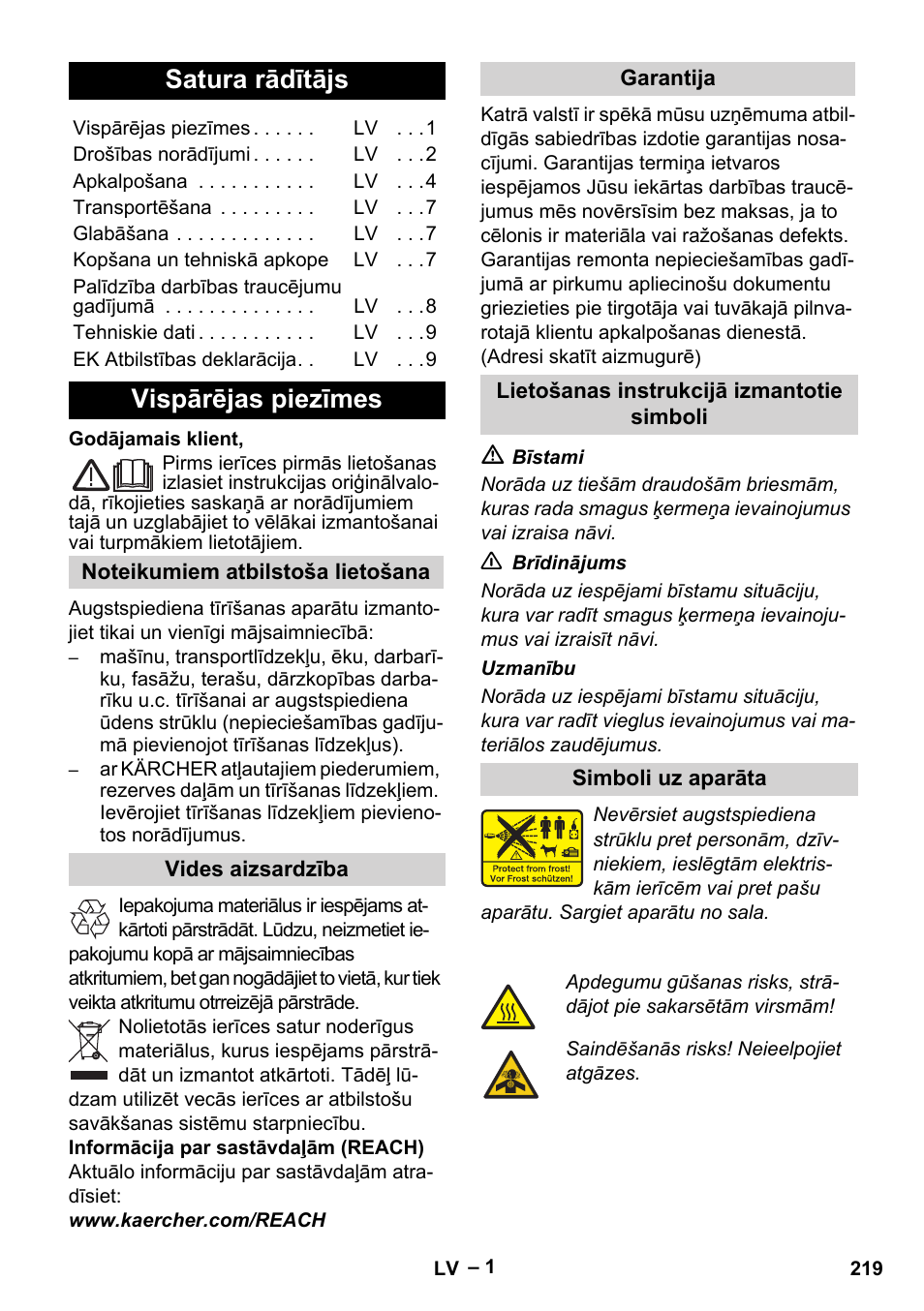 Latviešu, Satura rādītājs, Vispārējas piezīmes | Karcher G 7-10 M User Manual | Page 219 / 248