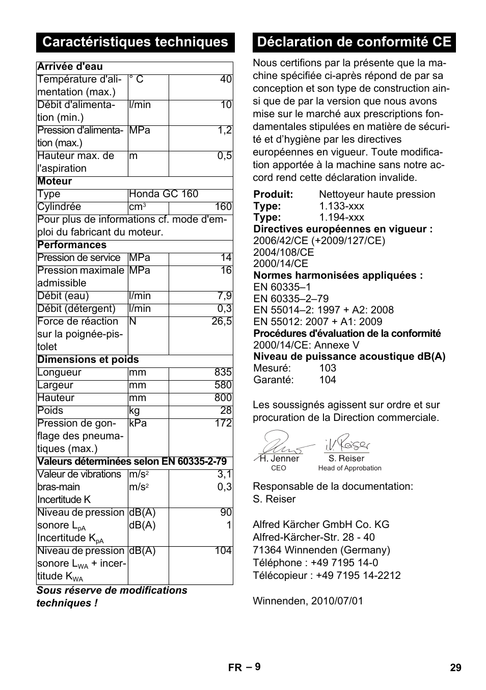 Caractéristiques techniques, Déclaration de conformité ce | Karcher G 7-10 M User Manual | Page 29 / 248