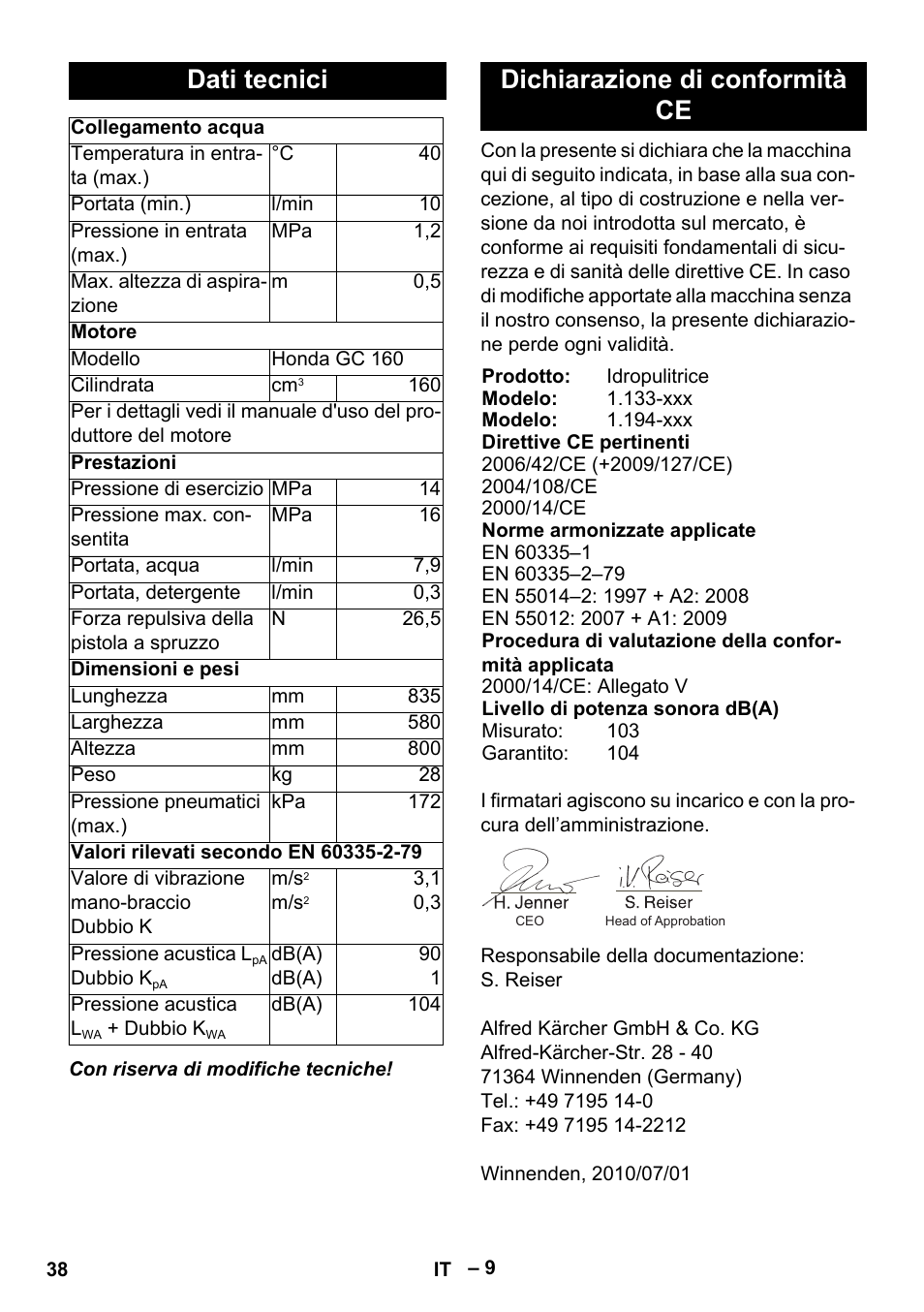 Dati tecnici, Dichiarazione di conformità ce | Karcher G 7-10 M User Manual | Page 38 / 248